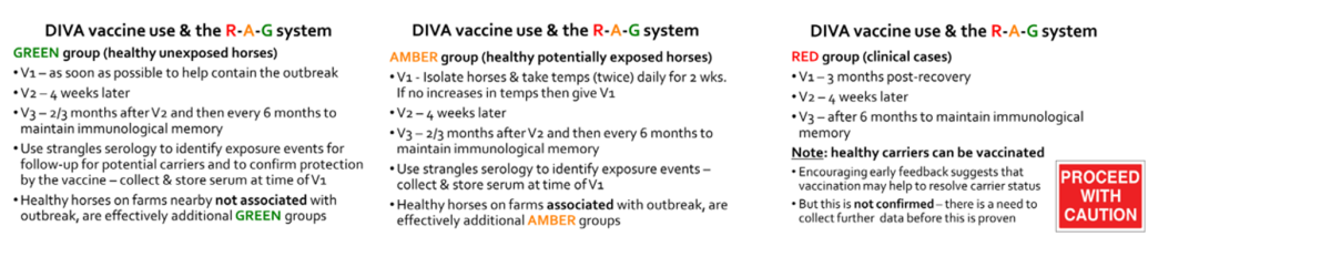 Le système tricolore (R-A-G system) désigne les chevaux qui doivent être vaccinés en cas d’apparition de la maladie (d’après Rendle et al., 2025).