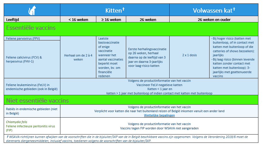 WSAVA-vaccinatieschema voor honden en katten samengevat rekening houdend met de beschikbare vaccins voor honden en katten in België