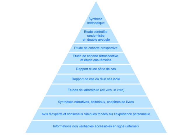 Figure 1. La pyramide de l’évidence&nbsp;: la synthèse méthodique (revue systématique) est au sommet, alors que la synthèse narrative (article de synthèse) est à la base (d’après Vandeweerd et Saegerman, 2009).